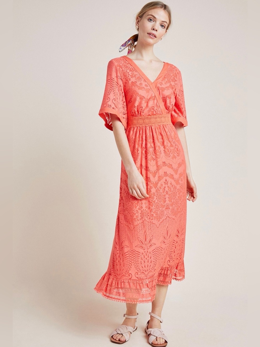 FARM Rio Coral Eyelet Midi Dress